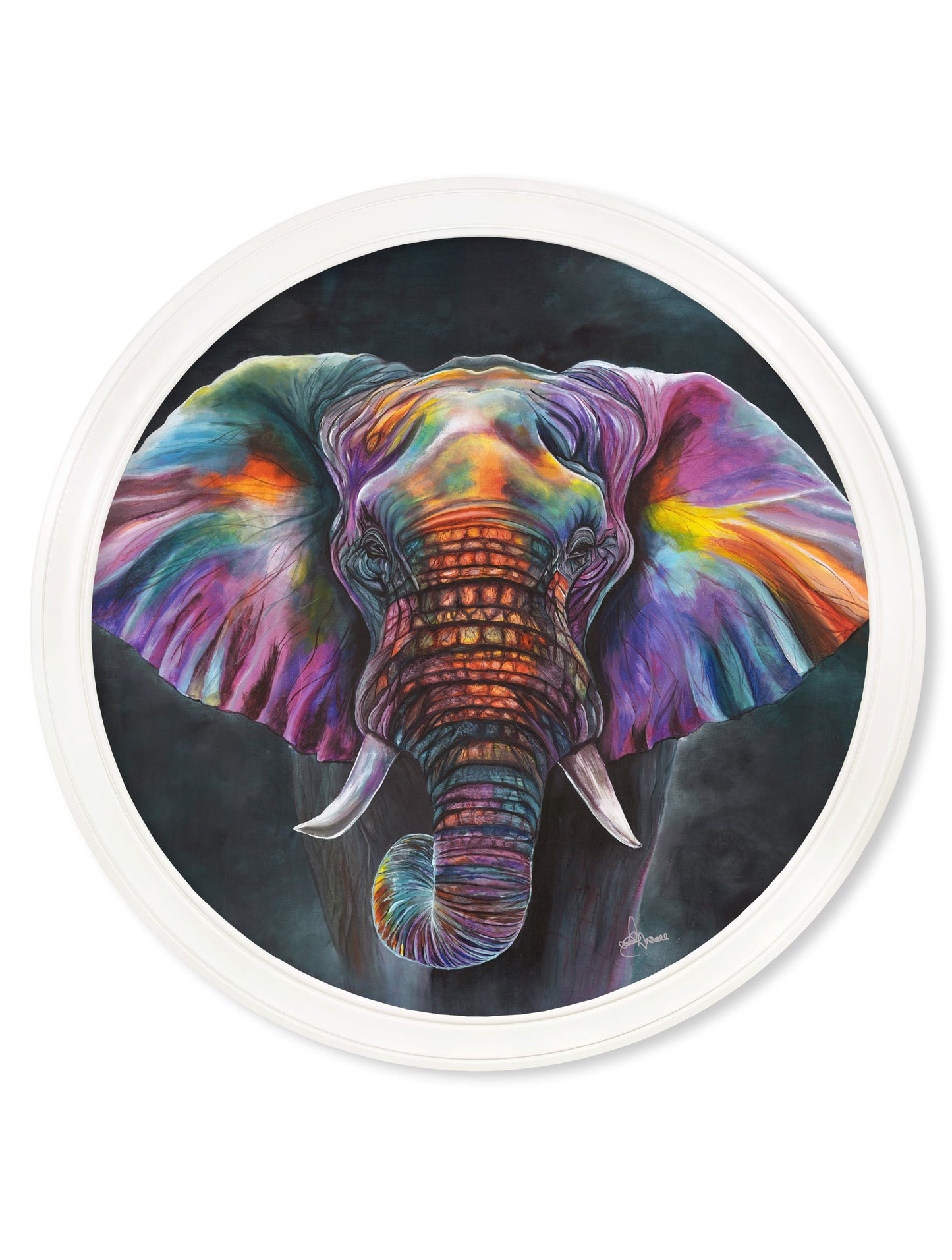 elephant print wisdom by amy ansell strong white round frame - premium glass-fronted framed art print with solid wood frame, ideal for modern interiors
