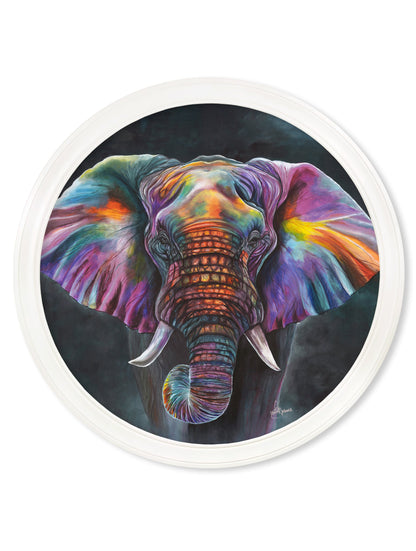elephant print wisdom by amy ansell strong white round frame - premium glass-fronted framed art print with solid wood frame, ideal for modern interiors