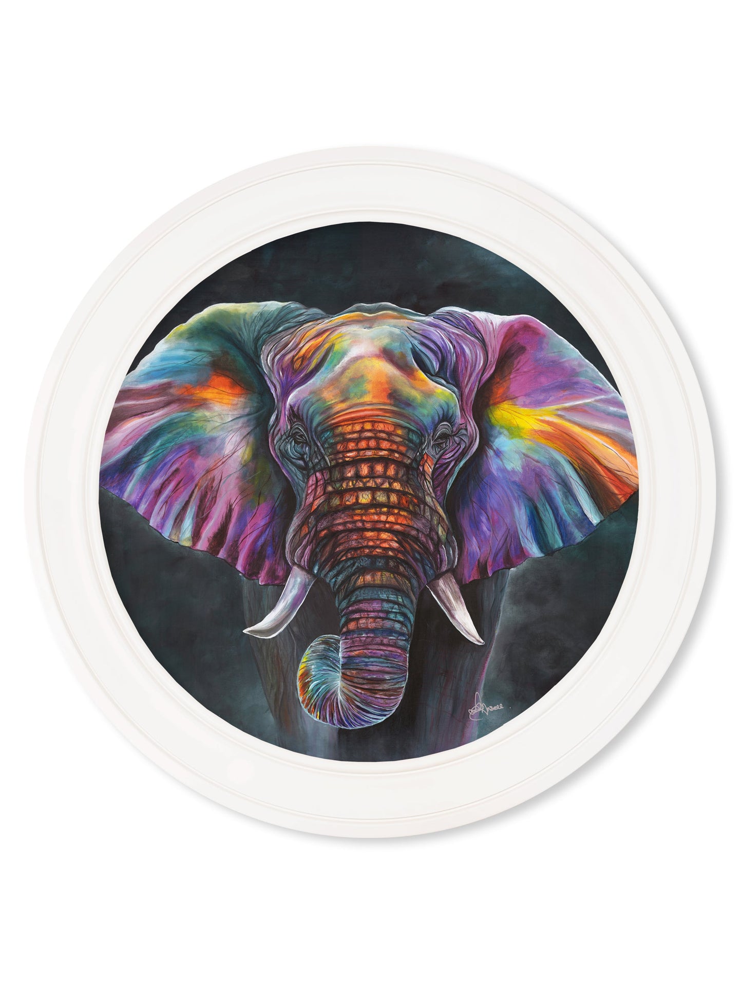 elephant print wisdom by amy ansell strong white round frame - premium glass-fronted framed art print with solid wood frame, luxury wall art for sophisticated spaces