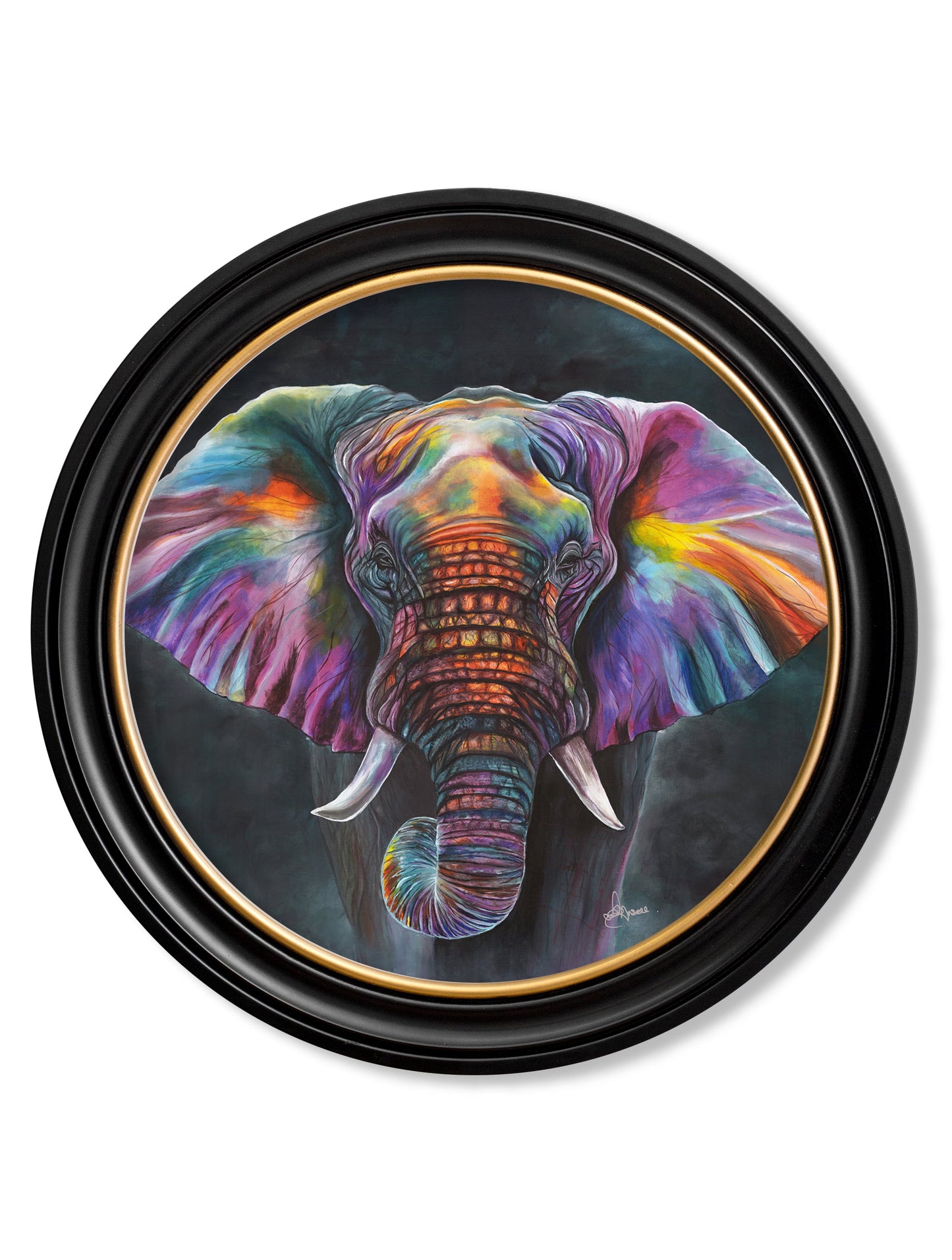 elephant print wisdom by amy ansell oxford round frame - premium glass-fronted framed art print with solid wood frame, designed for high-end interior design