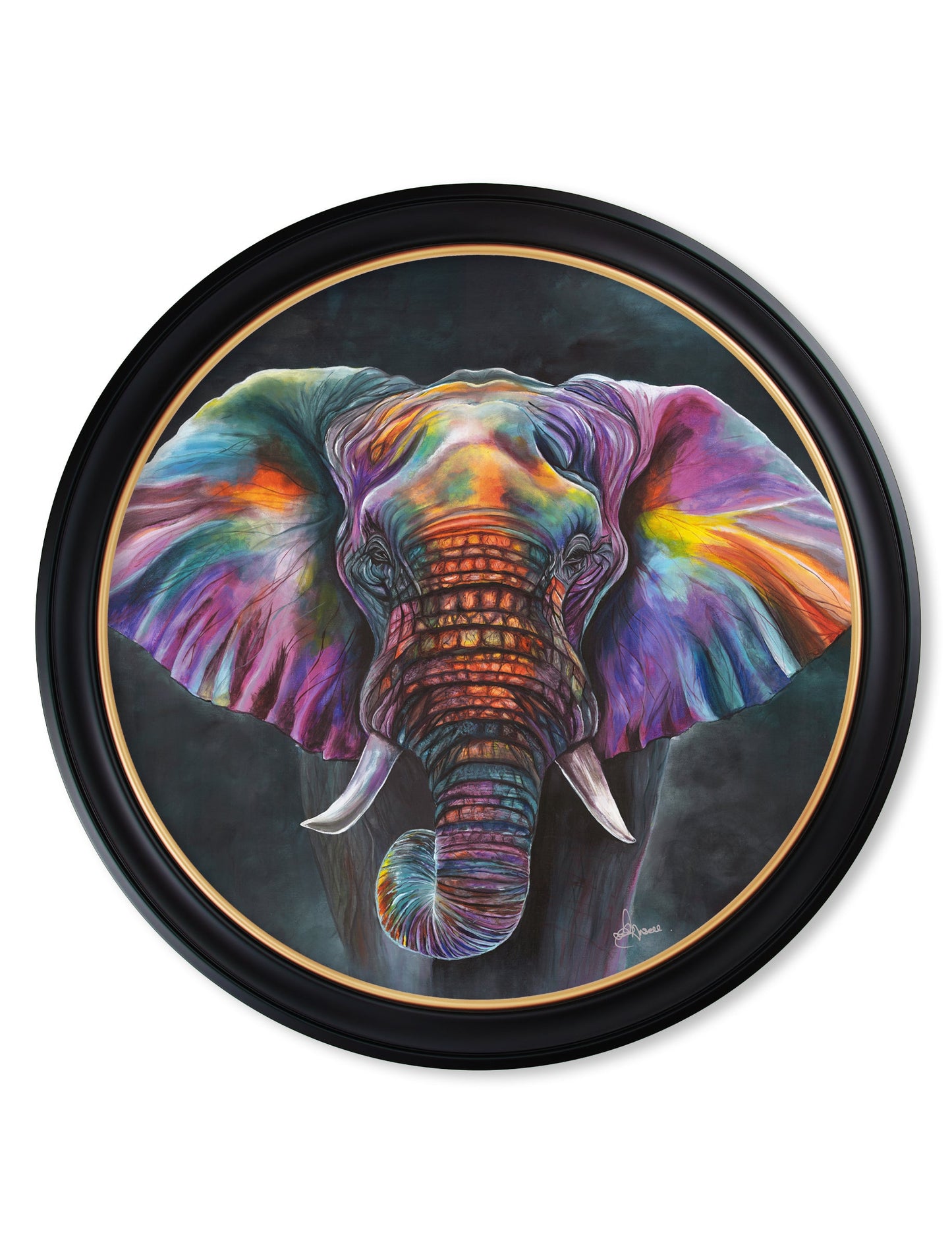 elephant print wisdom by amy ansell oxford round frame - premium glass-fronted framed art print with solid wood frame, perfect for luxury home decor