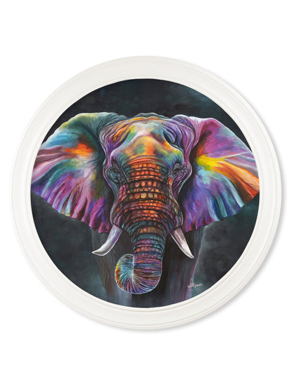 elephant print wisdom by amy ansell strong white round frame - premium glass-fronted framed art print with solid wood frame, a beautiful addition to stylish homes