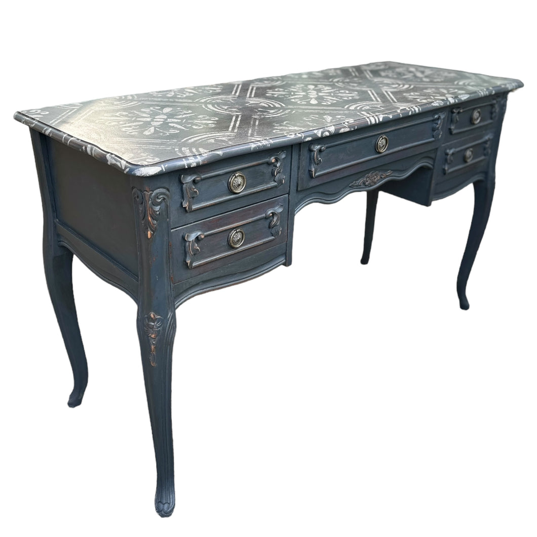 Black Ornate Five Drawer Desk Dressing Table Hall Table Hand Painted And Stencilled