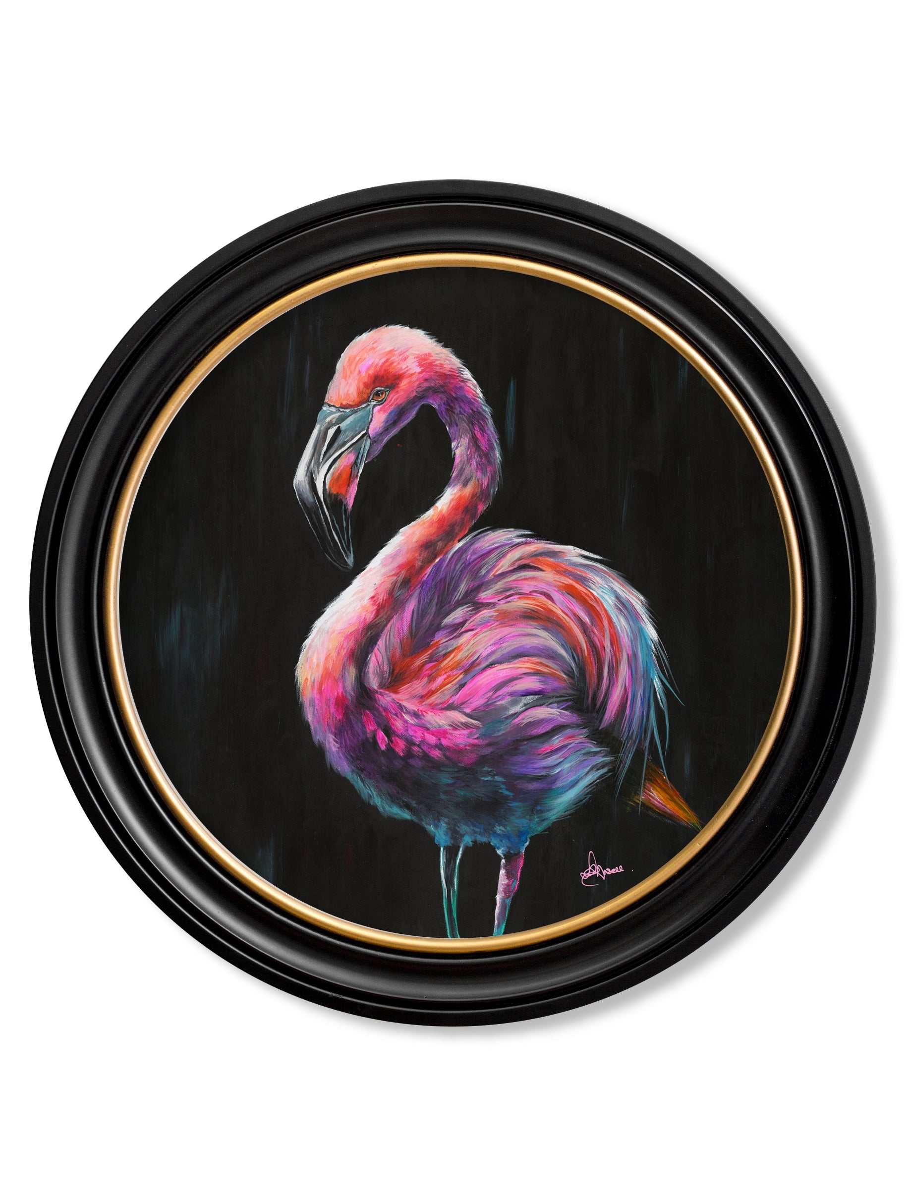 Flamingo Print 'Florrie' by Amy Ansell - Oxford Round Frame in size 44 x 44cm - glass-fronted framed wall art print with solid wood frame, adds elegance to your decor