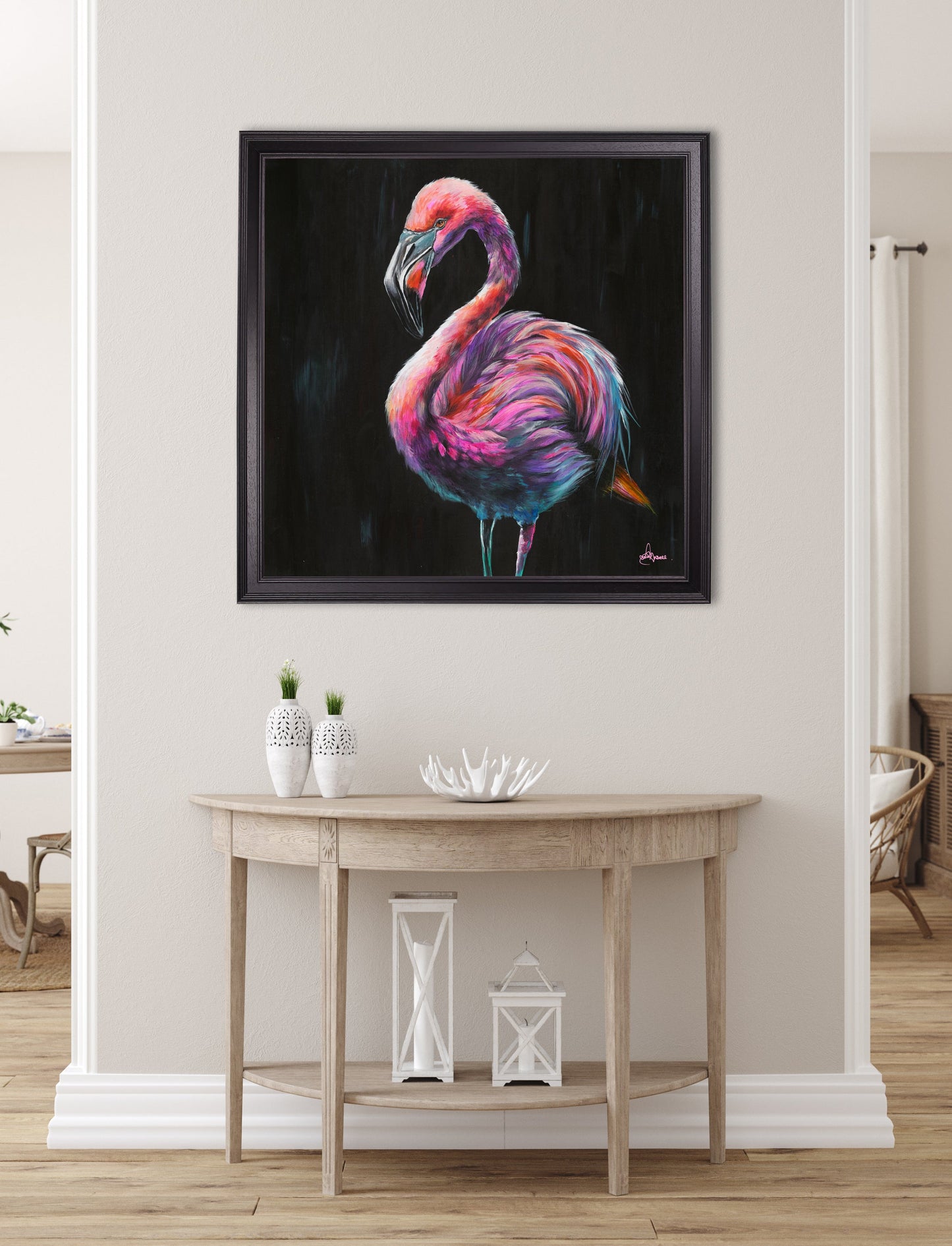 flamingo print florrie by amy ansell black square frame in size 70 x 70cm - glass-fronted framed wall art print with solid wood frame, designed for high-end interior design