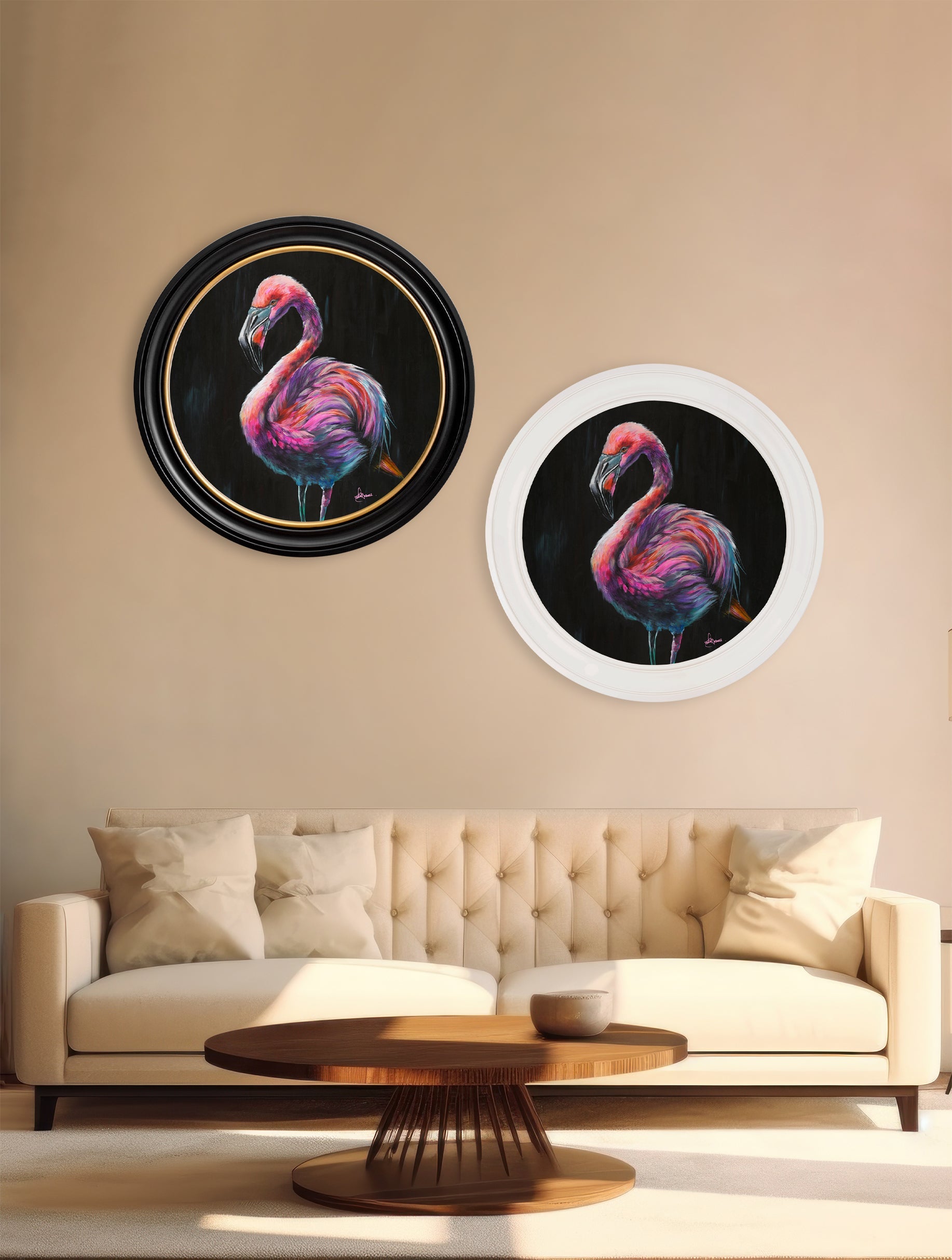 flamingo print florrie by amy ansell strong white round frame in size 96 x 96cm - glass-fronted framed wall art print with solid wood frame, ideal for contemporary home styling