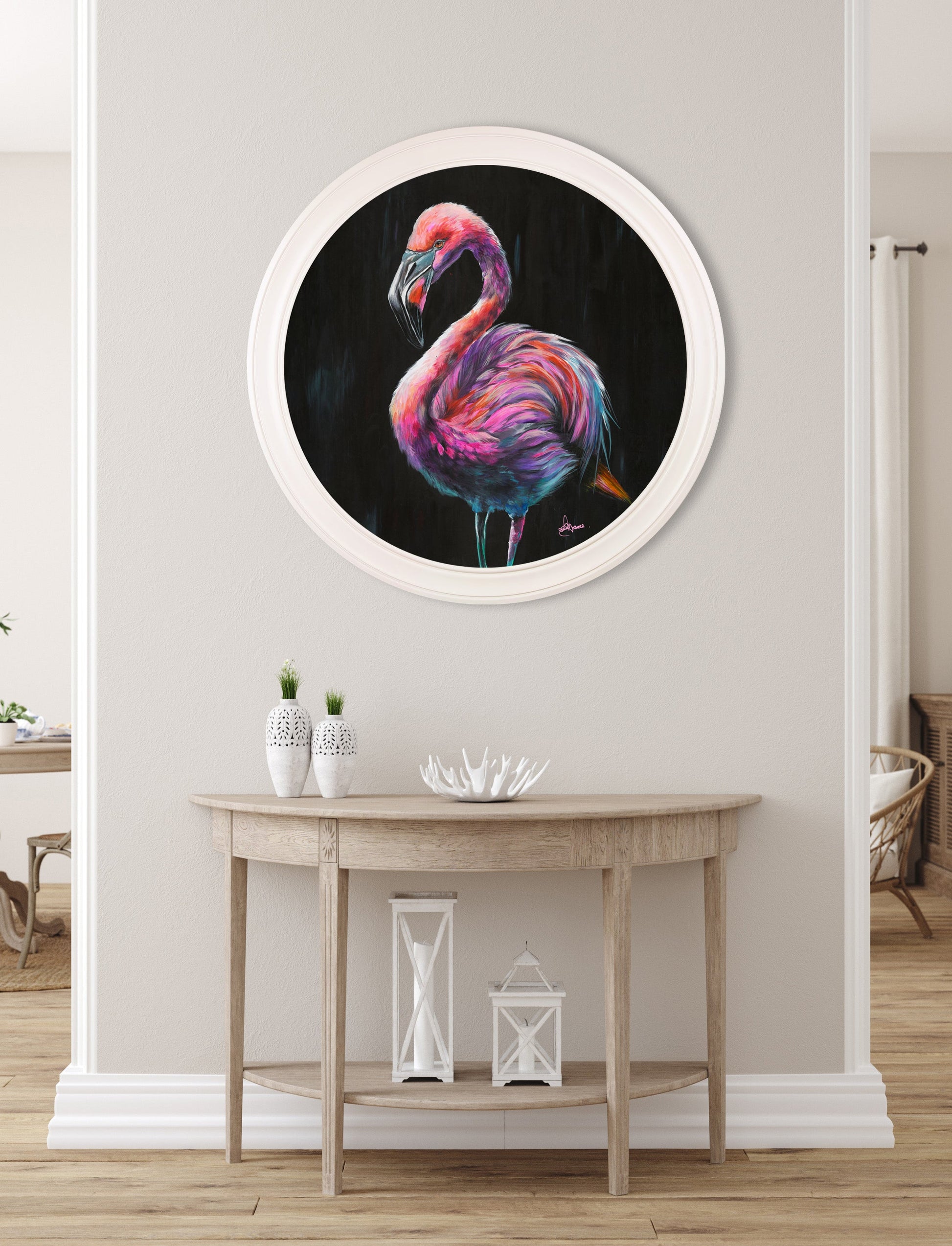 flamingo print florrie by amy ansell strong white round frame in size 70 x 70cm - glass-fronted framed wall art print with solid wood frame, a beautiful addition to stylish homes