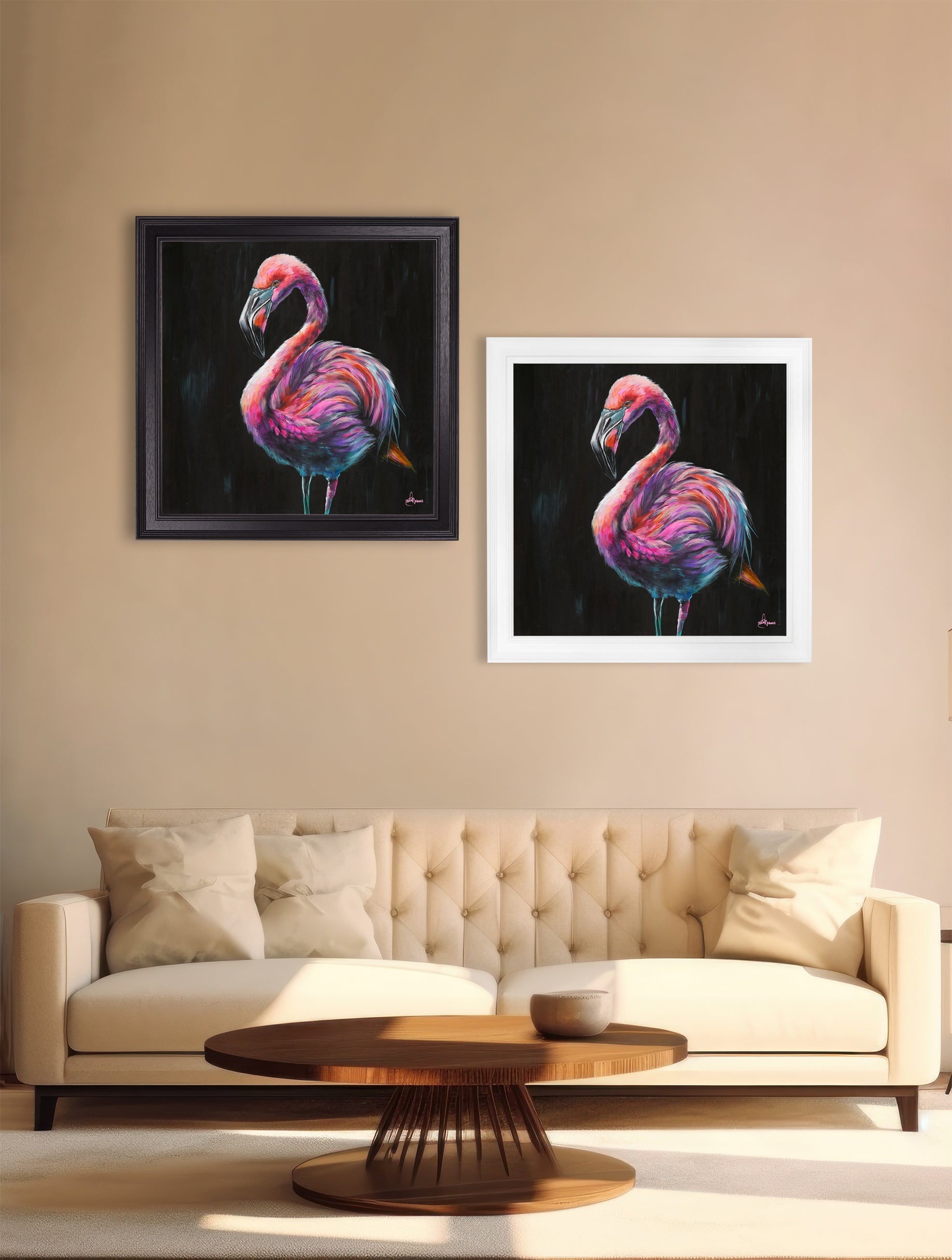 flamingo print florrie by amy ansell black square frame in size 96 x 96cm - glass-fronted framed wall art print with solid wood frame, ideal for modern interiors