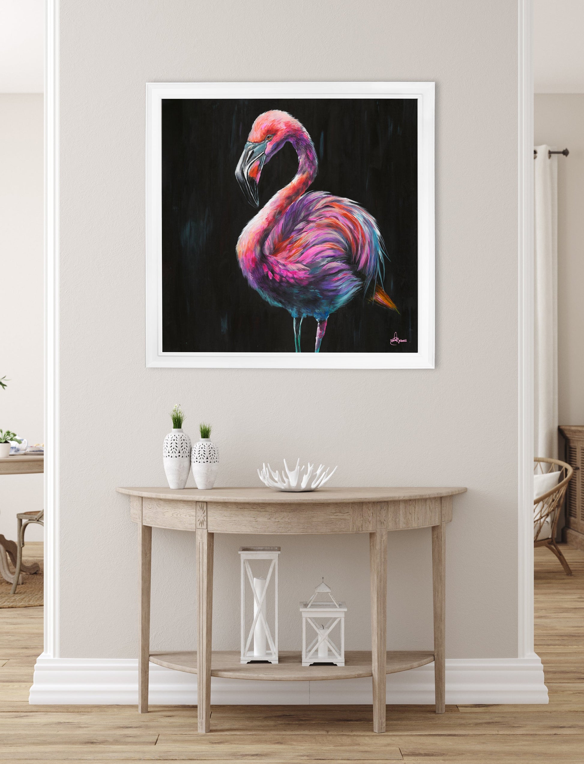flamingo print florrie by amy ansell strong white square frame in size 70 x 70cm - glass-fronted framed wall art print with solid wood frame, adds elegance to your decor
