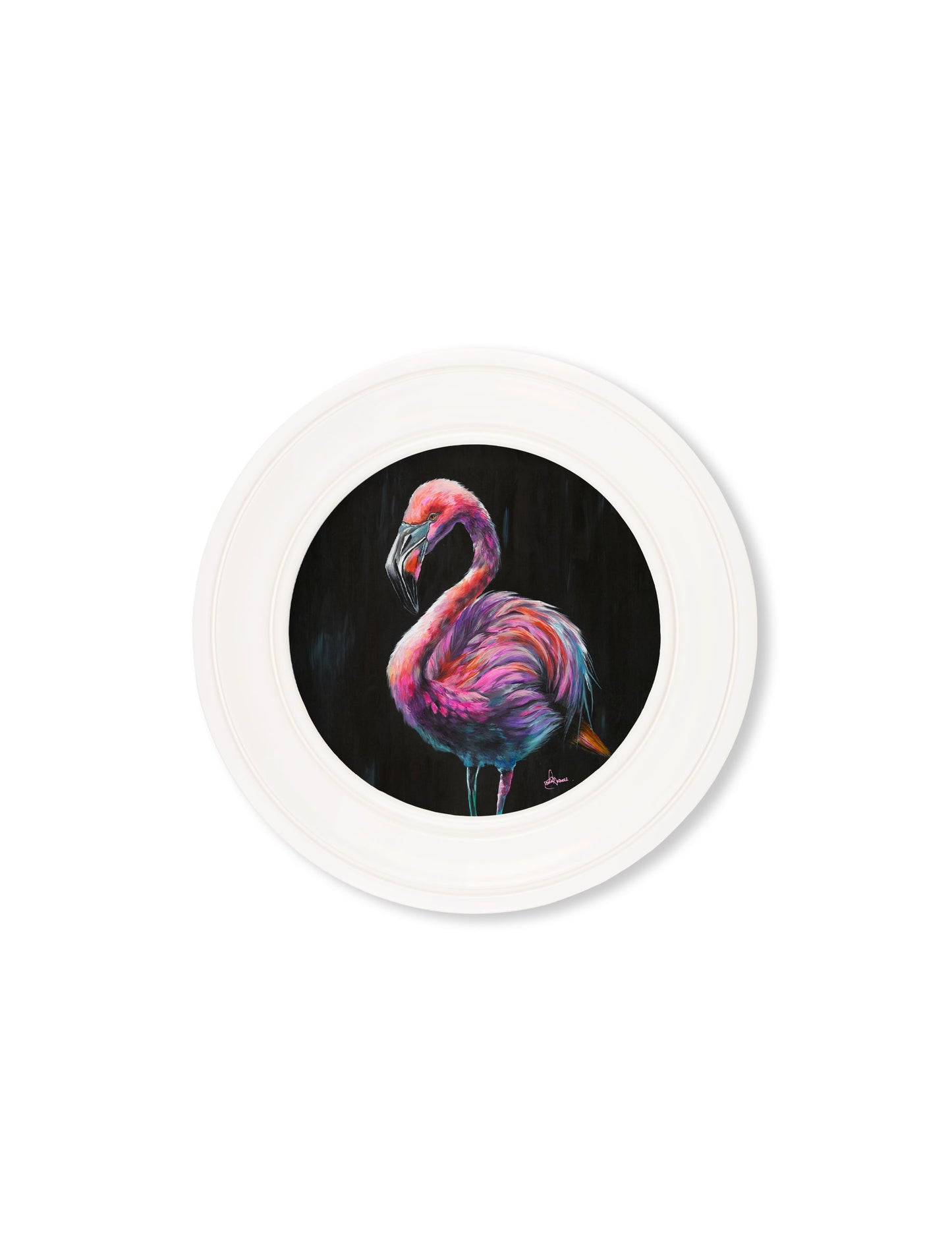 flamingo print florrie by amy ansell strong white round frame in size 120 x 120cm - glass-fronted framed wall art print with solid wood frame, ideal for contemporary home styling