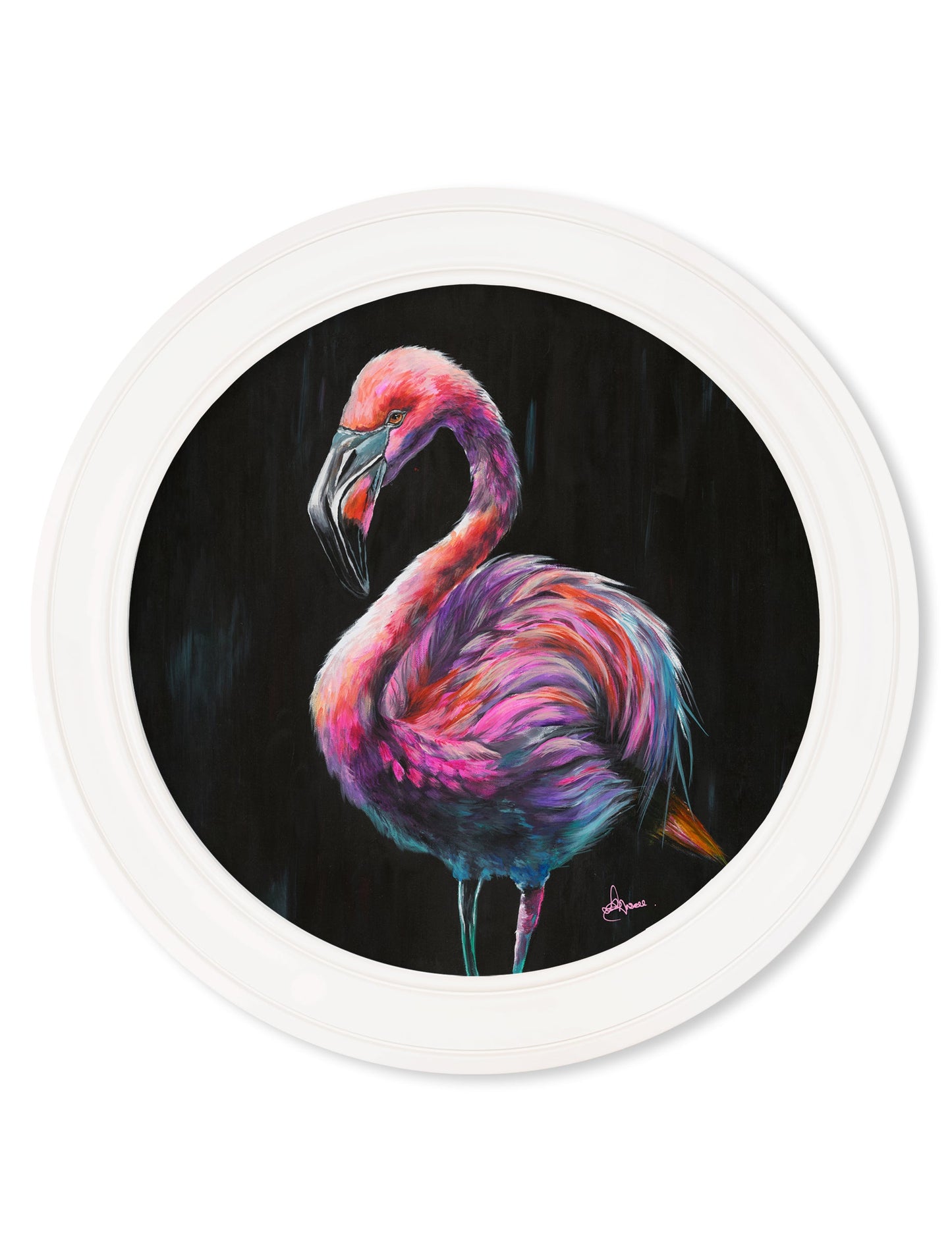 flamingo print florrie by amy ansell strong white round frame - premium glass-fronted framed art print with solid wood frame, a beautiful addition to stylish homes