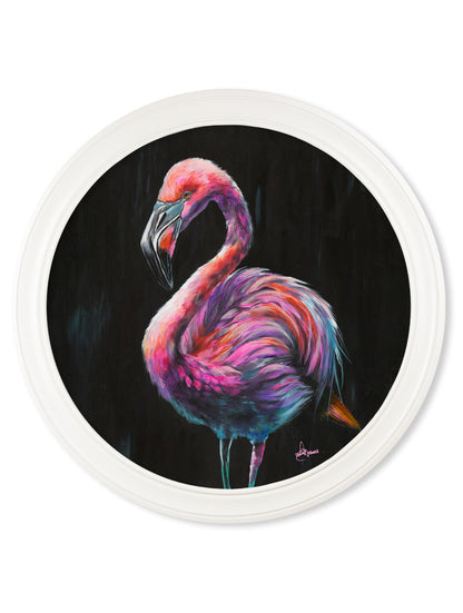 flamingo print florrie by amy ansell strong white round frame - premium glass-fronted framed art print with solid wood frame, designed for high-end interior design