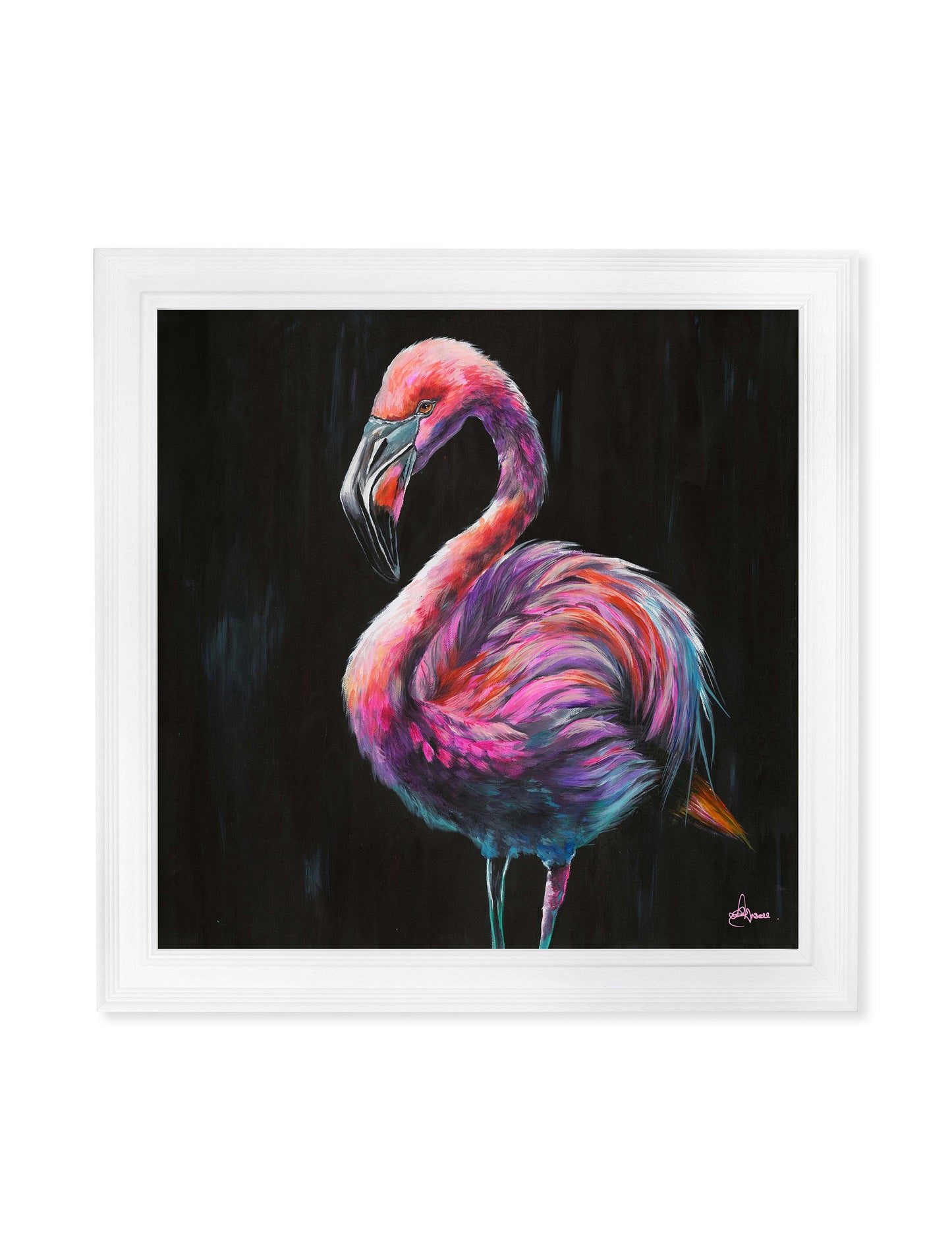 flamingo print florrie by amy ansell strong white square frame - premium glass-fronted framed art print with solid wood frame, ideal for modern interiors