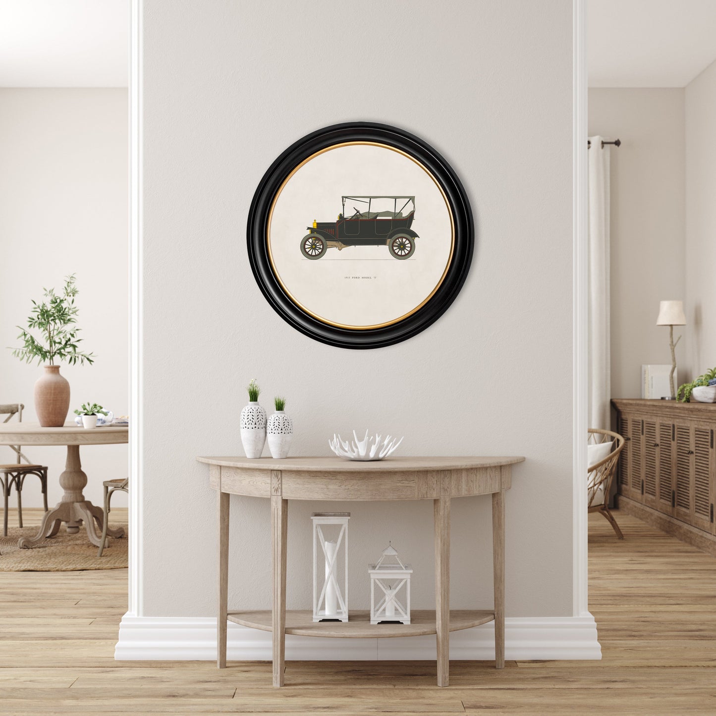 1915 ford model t in round frame in size 70 x 70cm - glass-fronted framed wall art print with solid wood frame, luxury wall art for sophisticated spaces