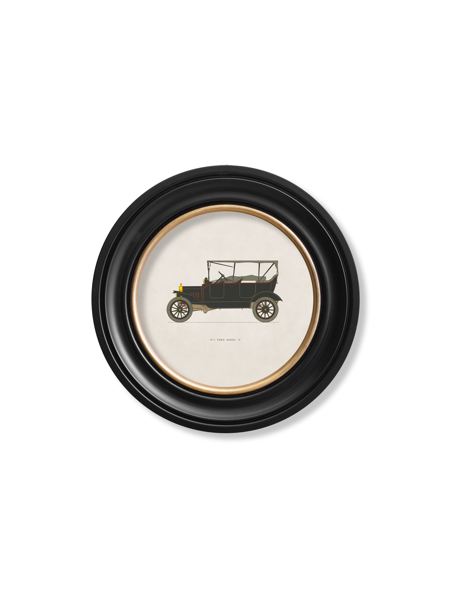 1915 ford model t in round frame - premium glass-fronted framed art print with solid wood frame, designed for high-end interior design
