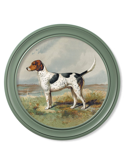 c 1881 gun dogs round frame green in size 70 x 70cm - glass-fronted framed wall art print with solid wood frame, luxury wall art for sophisticated spaces