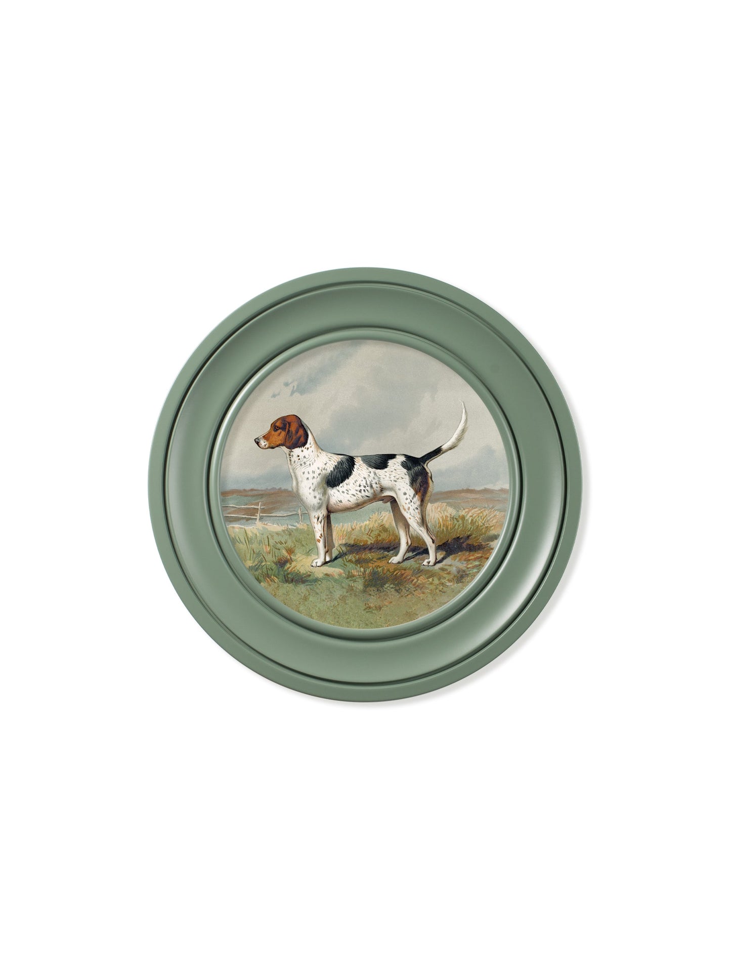 c 1881 gun dogs round frame green in size 44 x 44cm - glass-fronted framed wall art print with solid wood frame, adds elegance to your decor