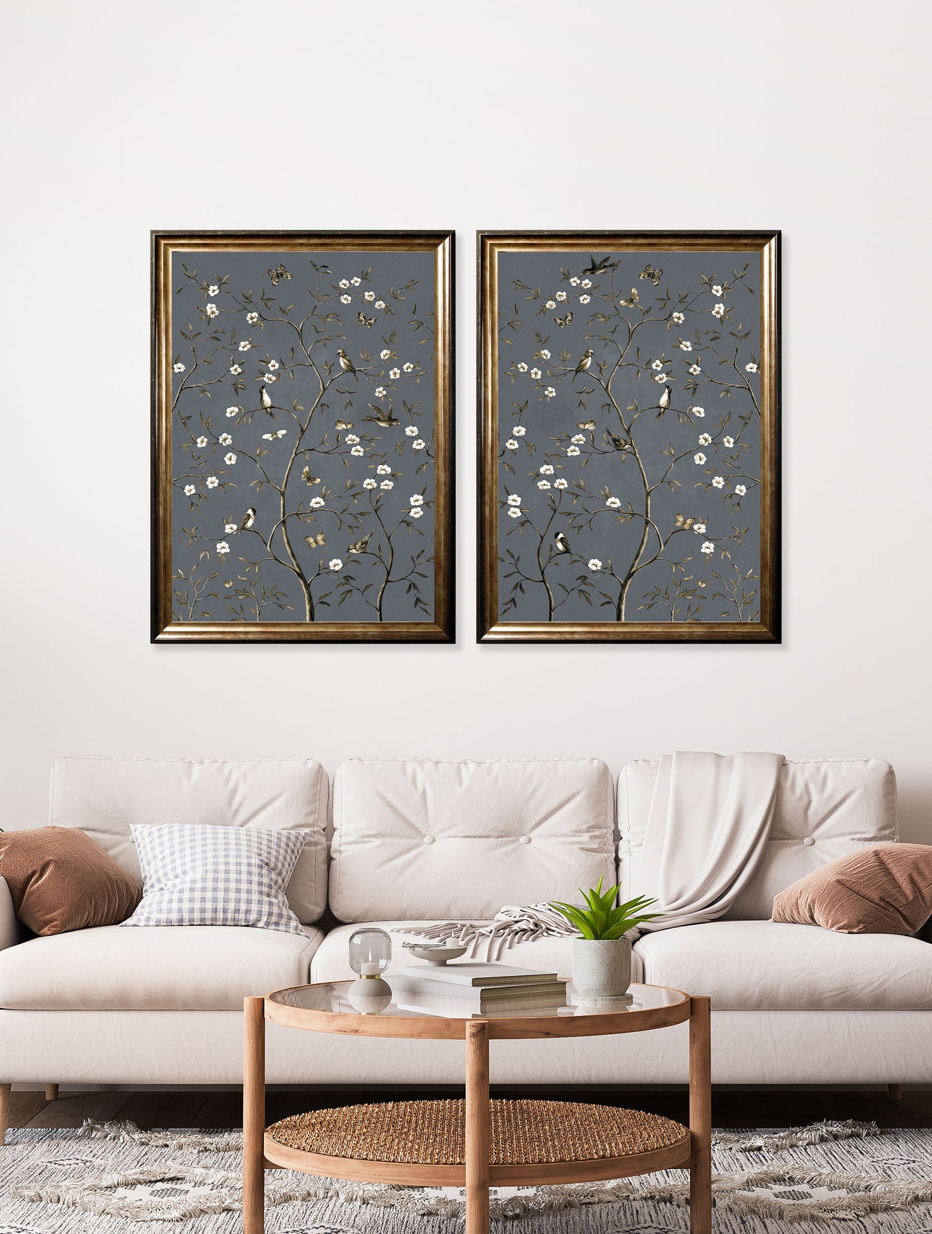 tree of life grey set of 2 in size 70 x 95cm - glass-fronted framed wall art print with solid wood frame, ideal for contemporary home styling