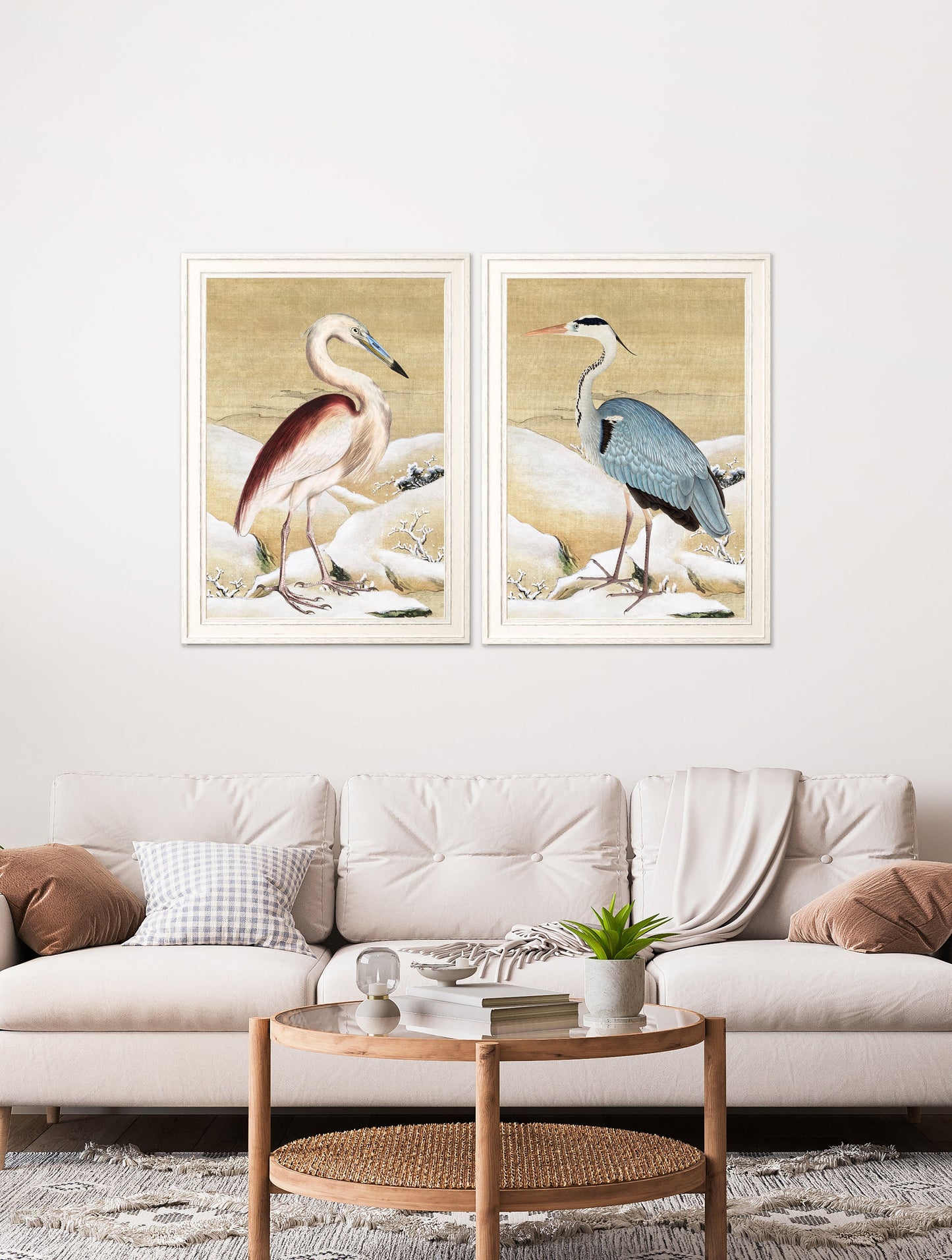 heron set of 2 prints ram das in size 50 x 70cm - glass-fronted framed wall art print with solid wood frame, perfect for statement wall decor