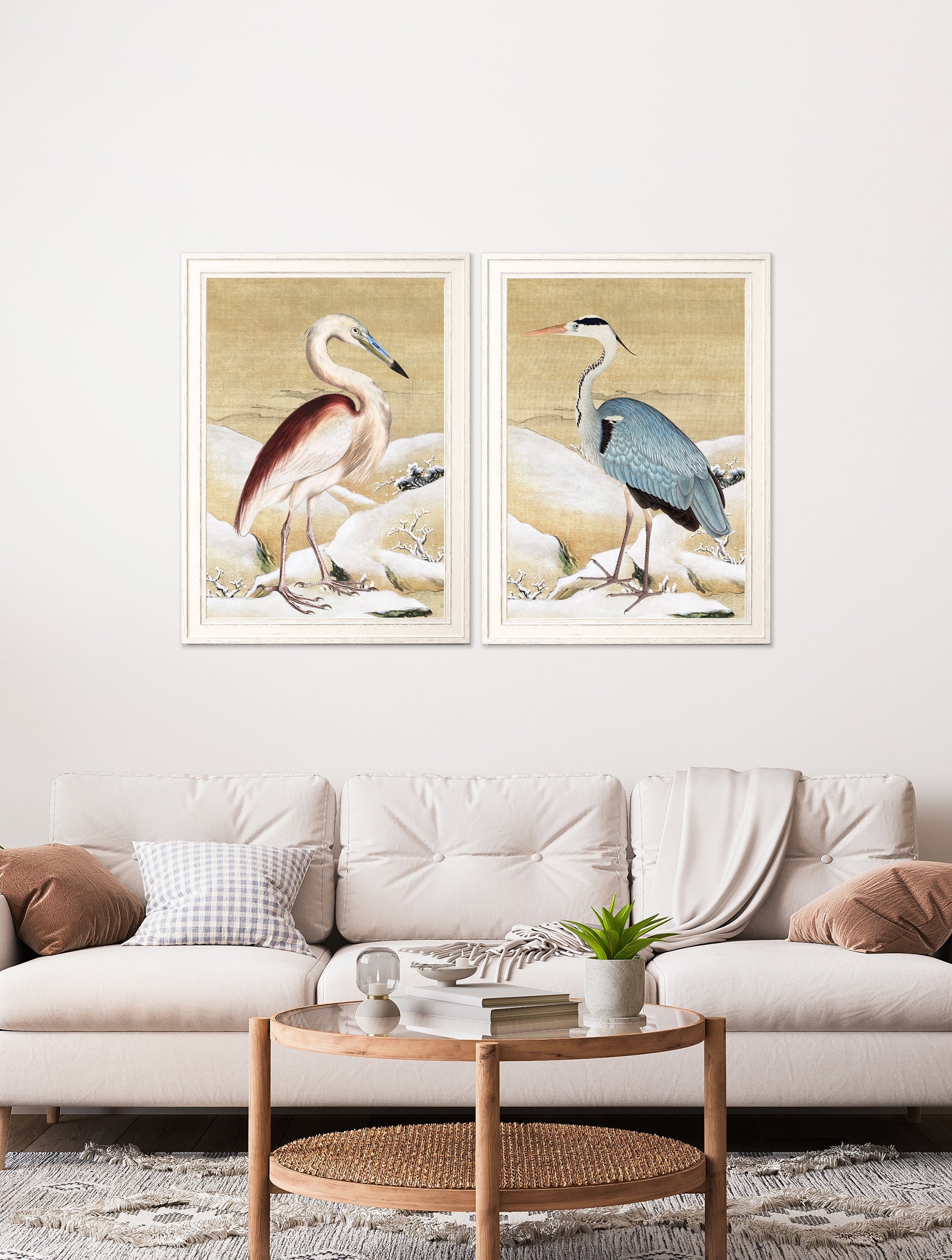 heron set of 2 prints ram das in size 50 x 70cm - glass-fronted framed wall art print with solid wood frame, perfect for statement wall decor