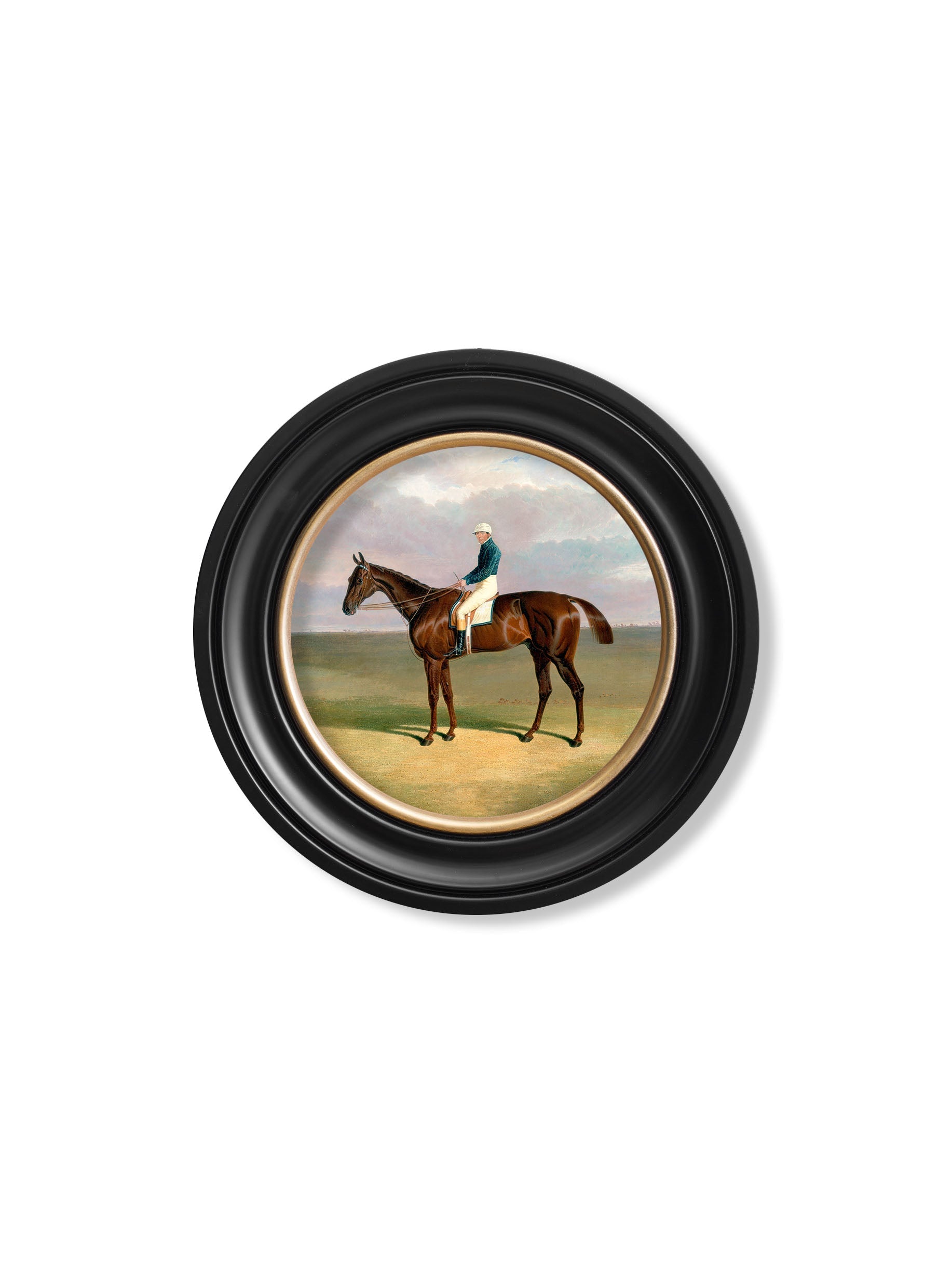 c 1840 horse and rider round frame in size 96 x 96cm - glass-fronted framed wall art print with solid wood frame, luxury wall art for sophisticated spaces