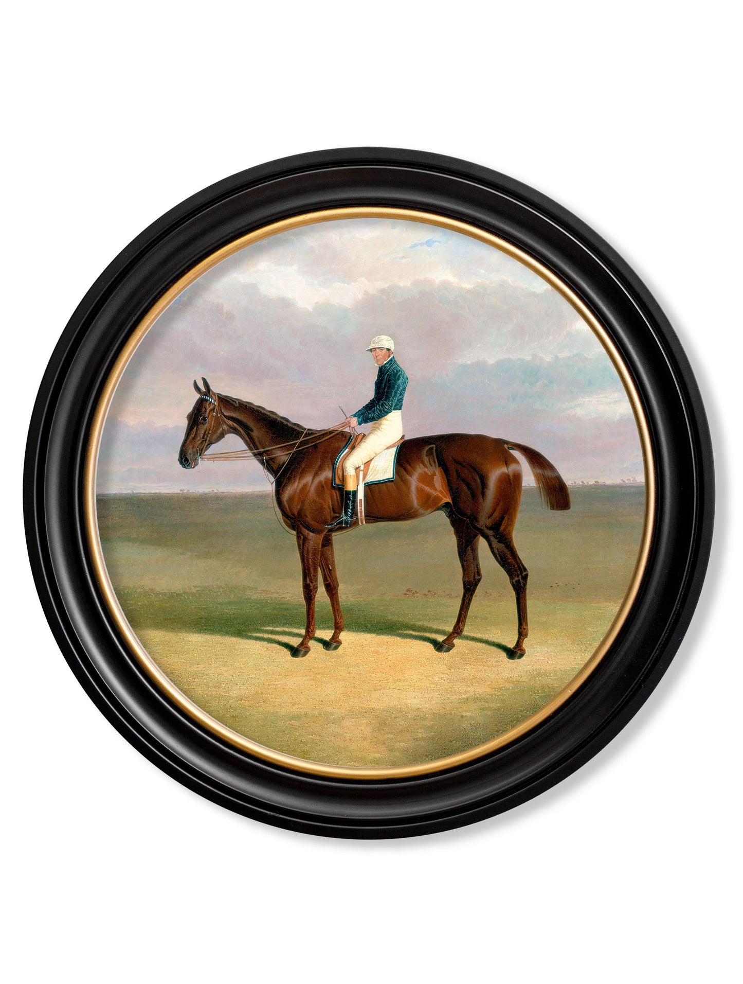 c.1840 Horse and Jockey - Round Frame in size 44 x 44cm - glass-fronted framed wall art print with solid wood frame, perfect for statement wall decor