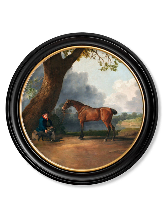 c.1763 George Stubb's Horse and Groom - Round Frame in size 44 x 44cm - glass-fronted framed wall art print with solid wood frame, perfect for luxury home decor