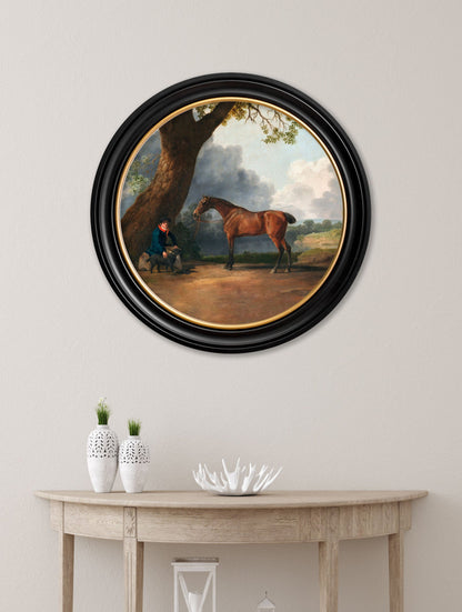 c 1763 george stubbs horse and groom round frame in size 70 x 70cm - glass-fronted framed wall art print with solid wood frame, perfect for luxury home decor