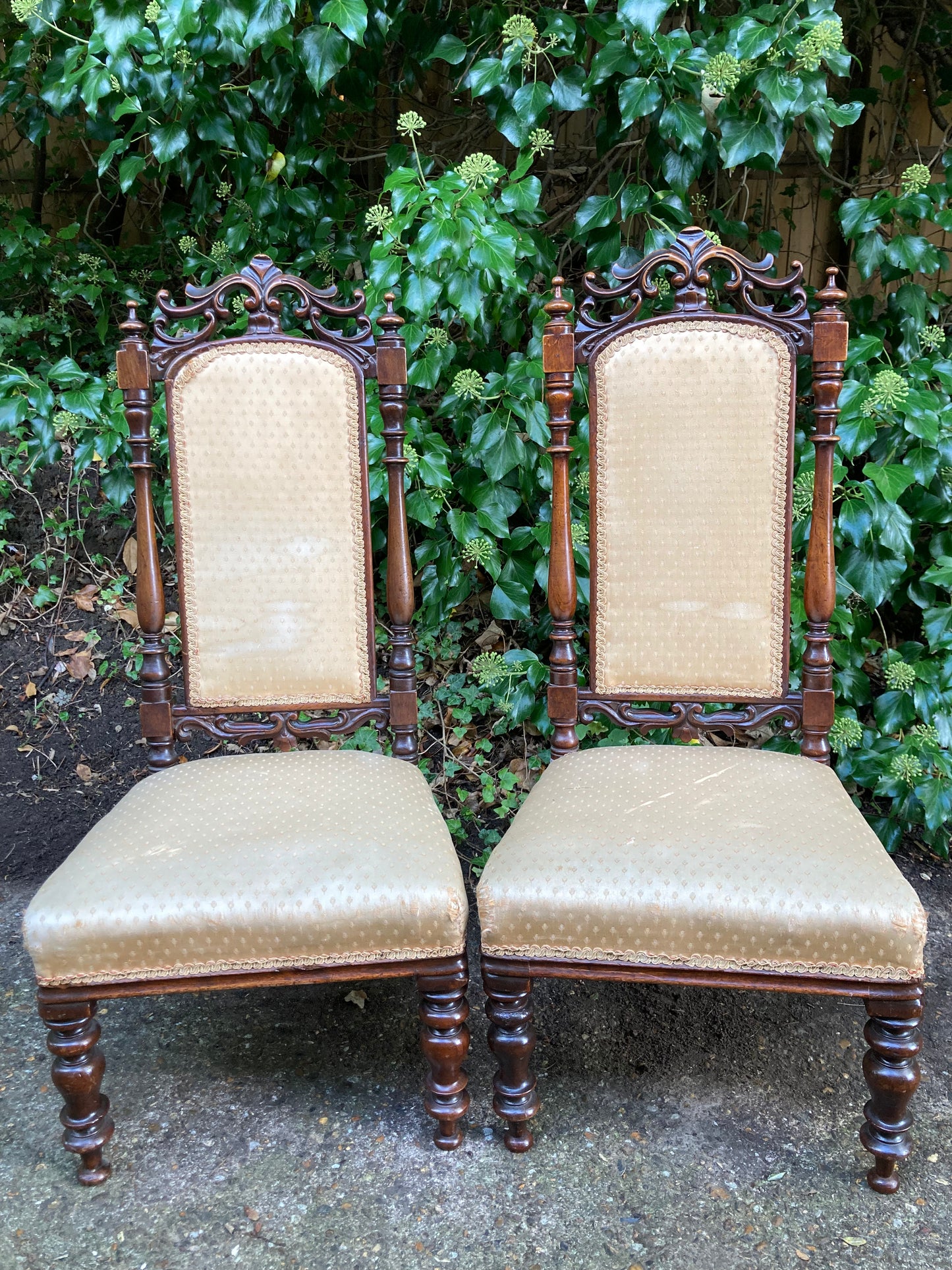 Victorian Mahogany Carved Pair Of Low Chairs On Turned Legs