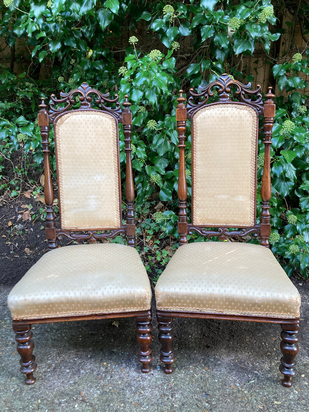Victorian Mahogany Carved Pair Of Low Chairs On Turned Legs