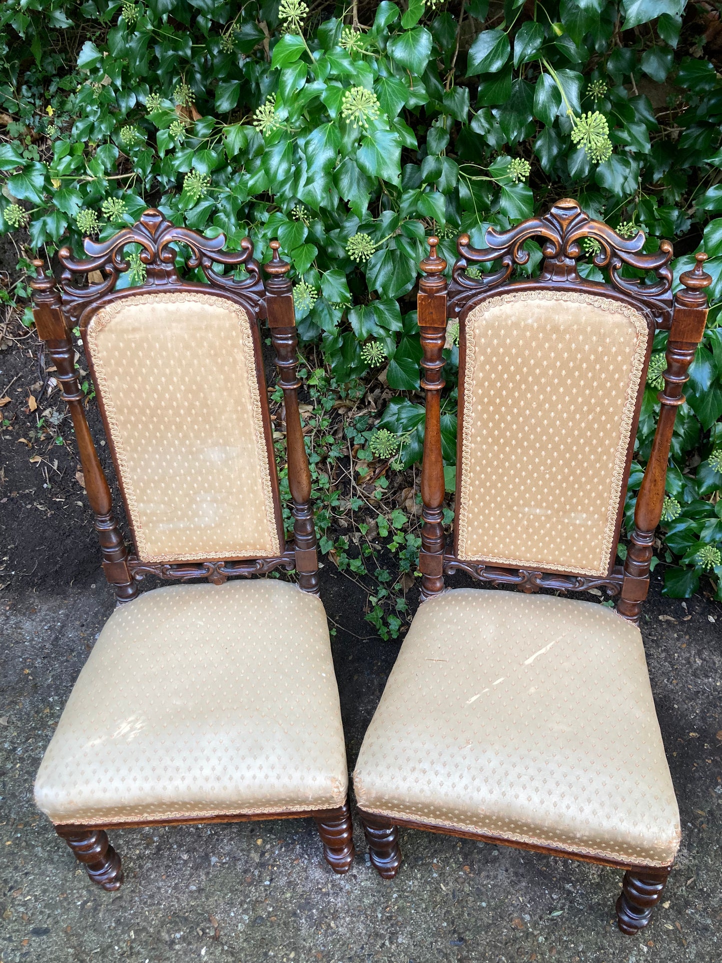 Victorian Mahogany Carved Pair Of Low Chairs On Turned Legs