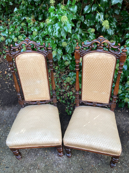Victorian Mahogany Carved Pair Of Low Chairs On Turned Legs