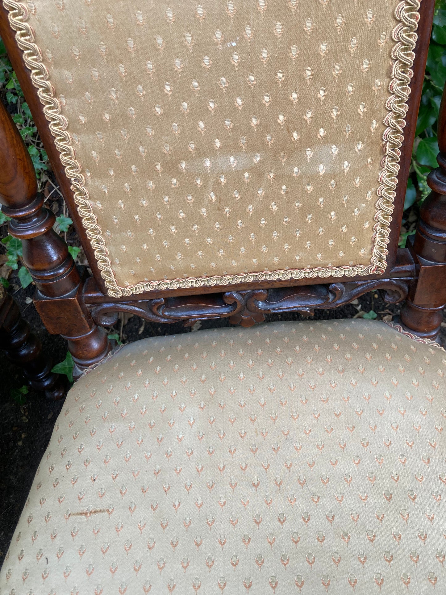 Victorian Mahogany Carved Pair Of Low Chairs On Turned Legs