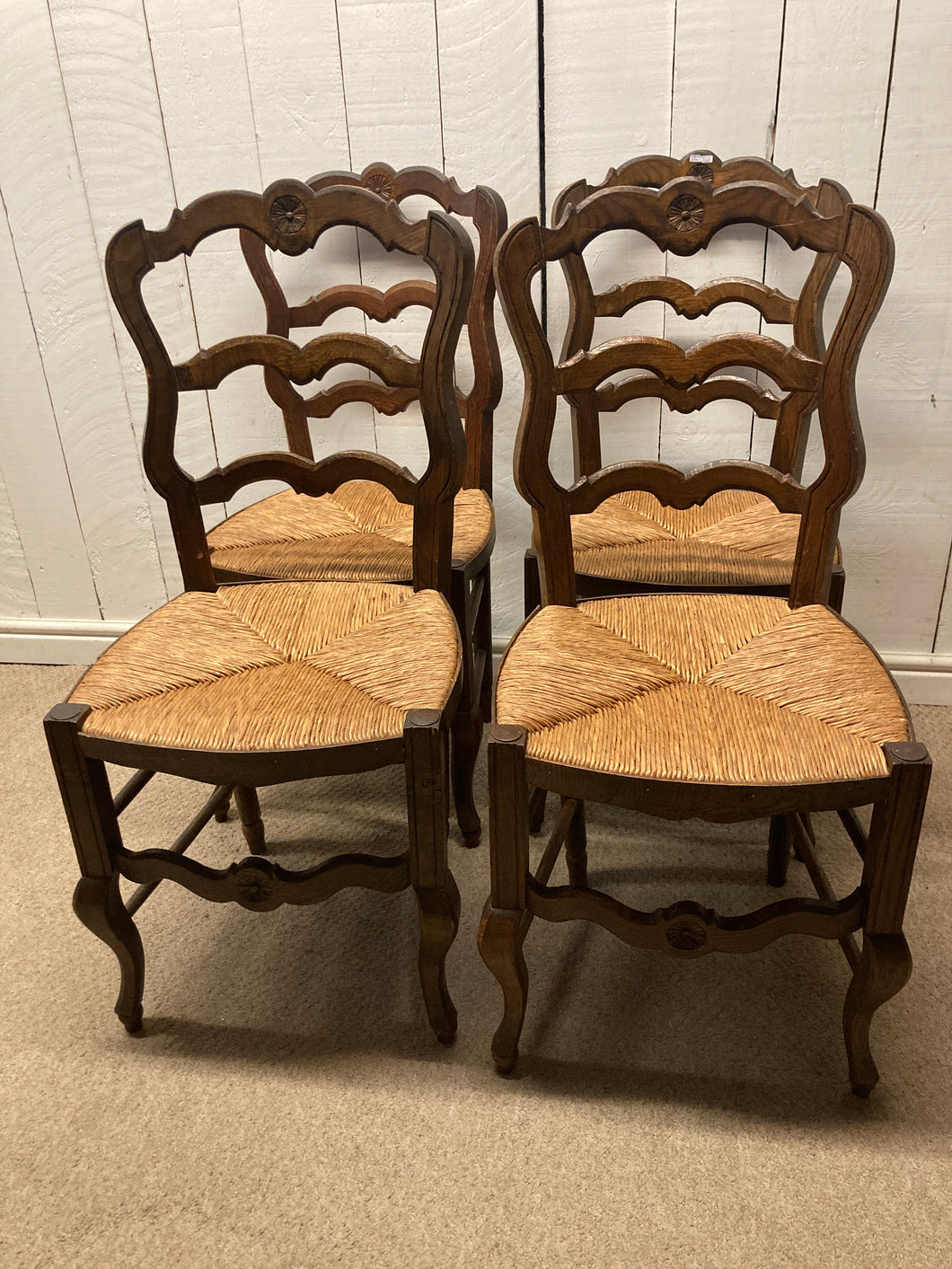 Vintage French Set Of Four Oak Farmhouse Chairs With Rush Seats