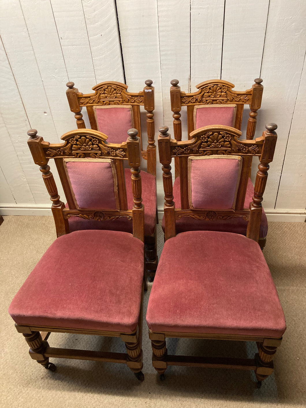 Antique Set Of Four Oak Carved Chairs Upholstered In Pink Velour Castors To Front Legs