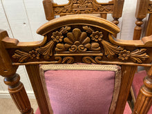 Load image into Gallery viewer, Antique Set Of Four Oak Carved Chairs Upholstered In Pink Velour Castors To Front Legs
