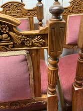 Load image into Gallery viewer, Antique Set Of Four Oak Carved Chairs Upholstered In Pink Velour Castors To Front Legs
