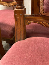 Load image into Gallery viewer, Antique Set Of Four Oak Carved Chairs Upholstered In Pink Velour Castors To Front Legs
