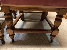 Load image into Gallery viewer, Antique Set Of Four Oak Carved Chairs Upholstered In Pink Velour Castors To Front Legs
