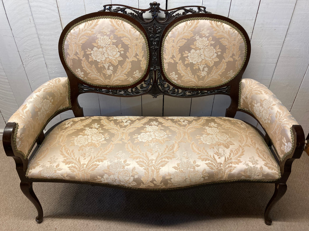 Victorian Mahogany Two Seater Sofa Upholstered In Cream Silk Damask Carvings To The Wood
