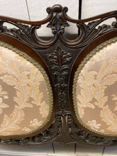 Load image into Gallery viewer, Victorian Mahogany Two Seater Sofa Upholstered In Cream Silk Damask Carvings To The Wood
