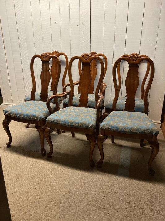 Set Of Six Hardwood Dining Chairs Upholstered Seats Two Carvers Four Chairs