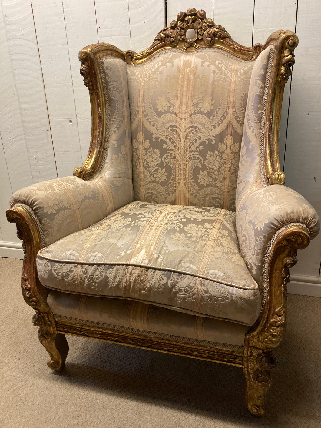 Vintage French Style Rococo Gold Framed Armchair Upholstered In Silk Damask