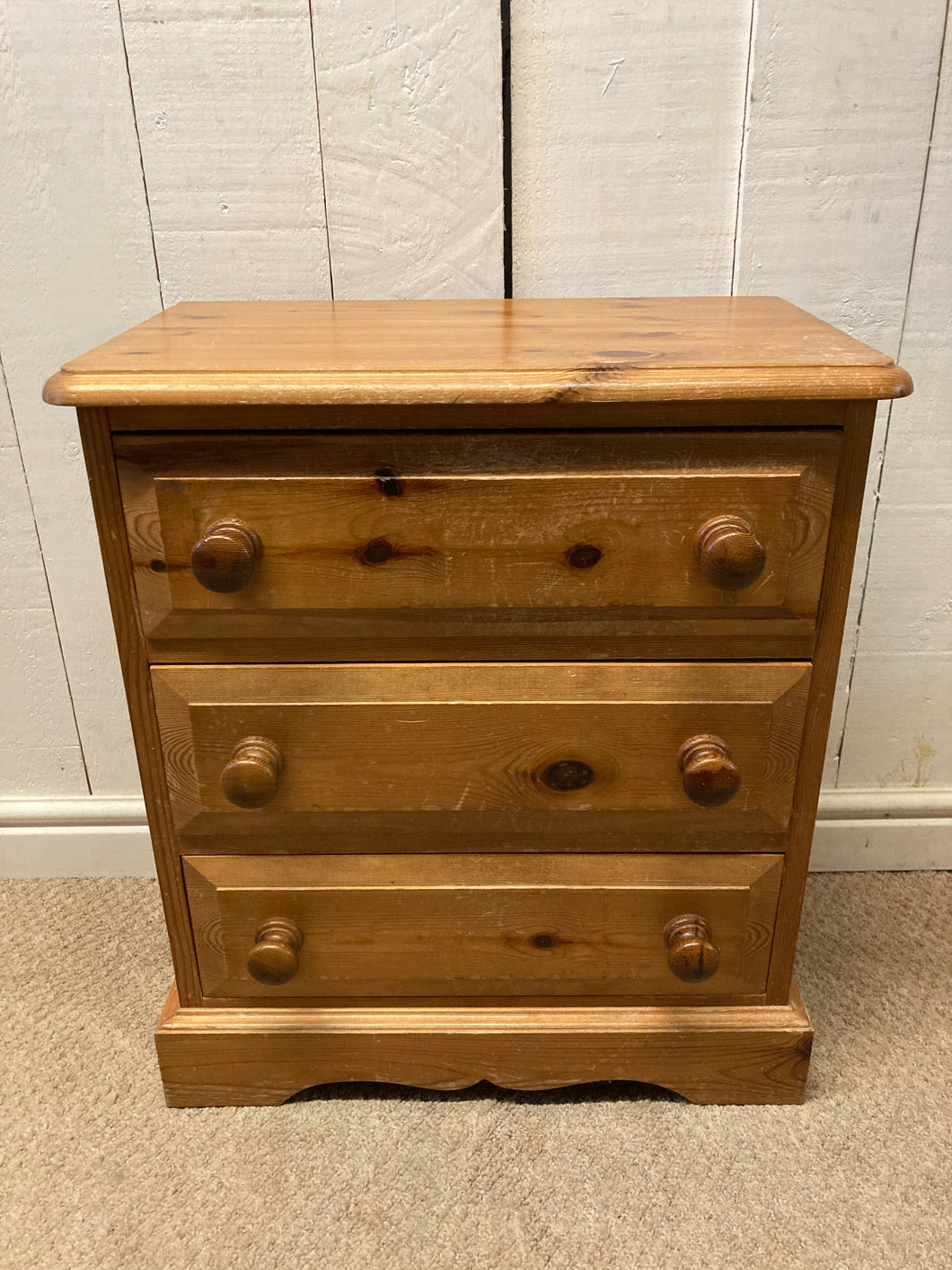 Solid Pine Three Drawer Bedside Table