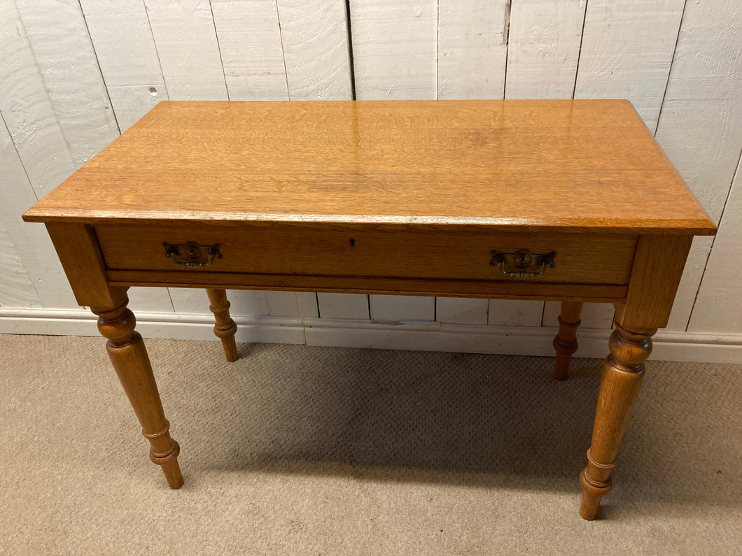 Vintage Light Wood Writing Table Console Table On Turned Legs With A Drawer Brass Handles
