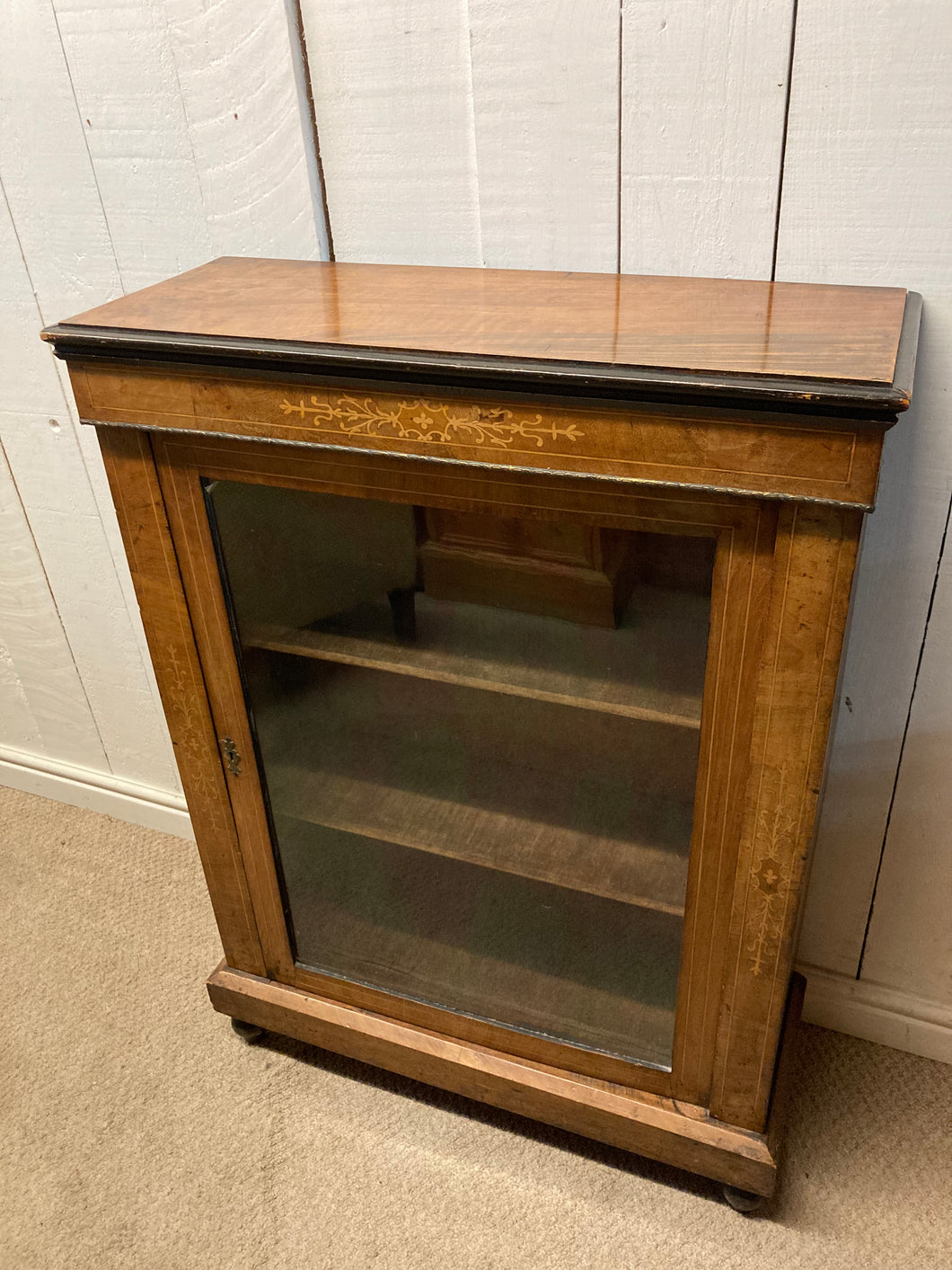 Edwardian Mahogany Inlaid Glazed Cabinet With Metal Trim Lined In Velour In Need Of Some TLC