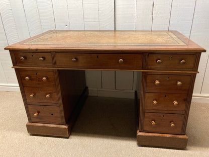 Antique Mahogany Pedestal Desk Tan Leather Top In Need Of TLC