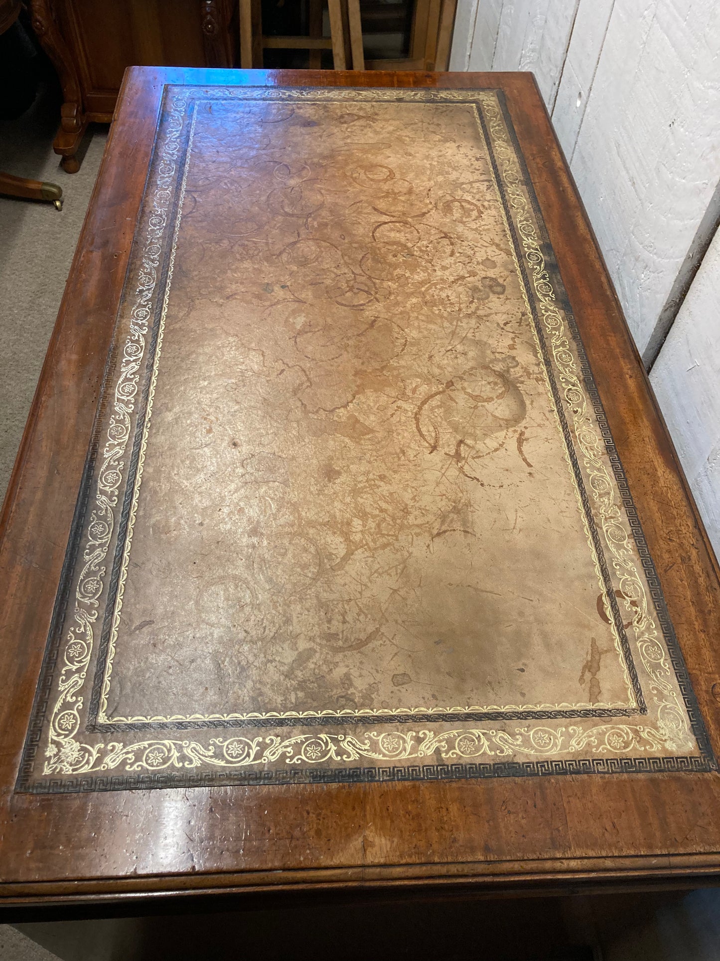 Antique Mahogany Pedestal Desk Tan Leather Top In Need Of TLC