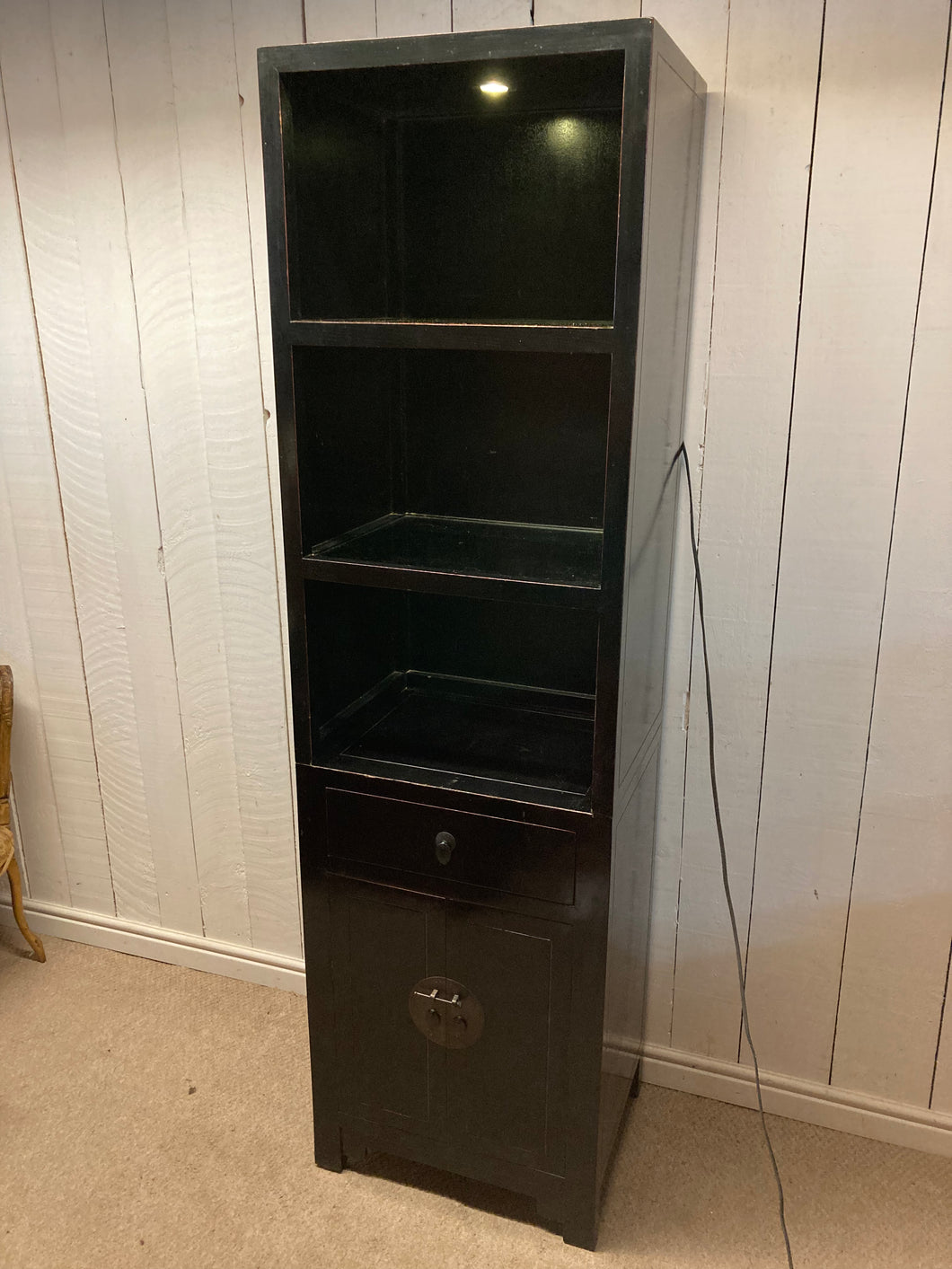 Chinese Chinoiserie Style Glass Shelving Unit With A Drawer Cupboard And Light