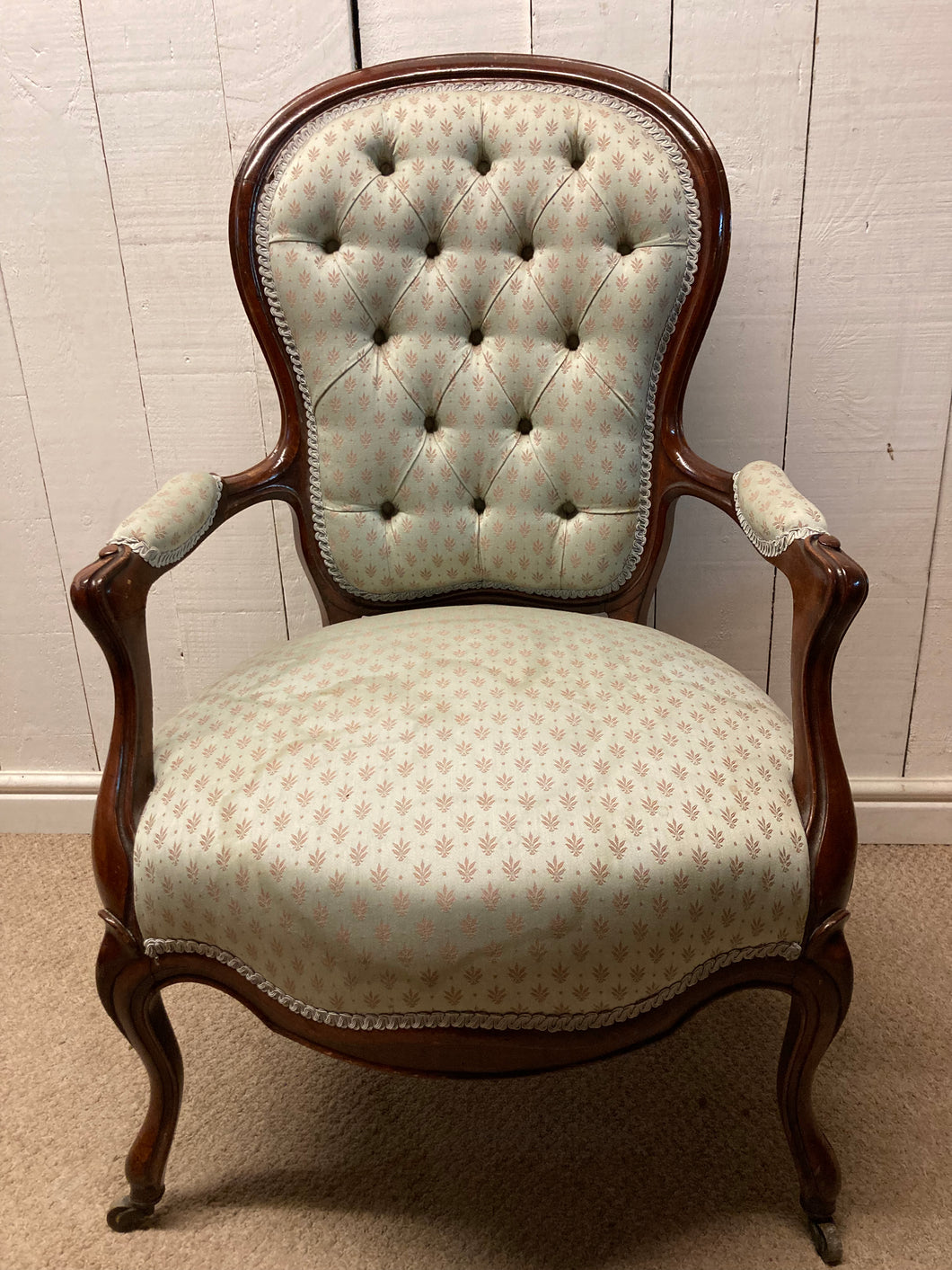 Mahogany Upholstered Button Back Armchair On Castors